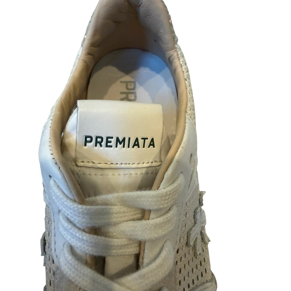 Premiata Mesh Sneakers Sz 37 White Cream Suede Glitter Heel Platform Italy - Picture 6 of 7